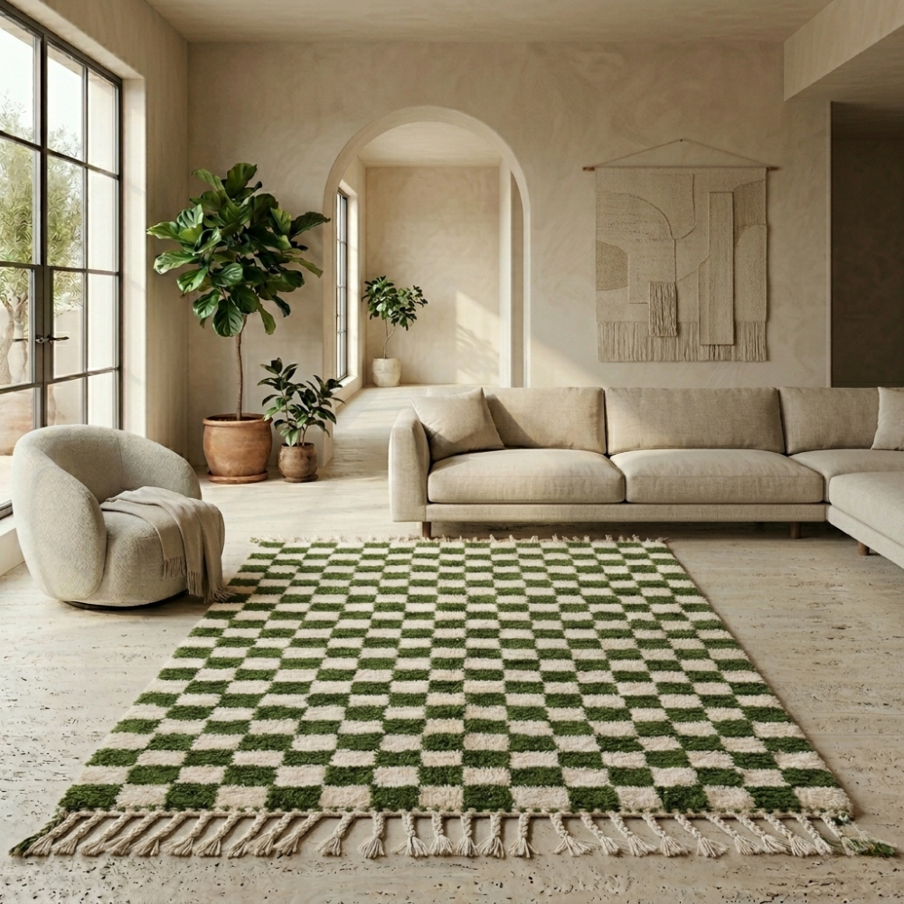 Green checkered Beni Ourain rug in a bright contemporary room