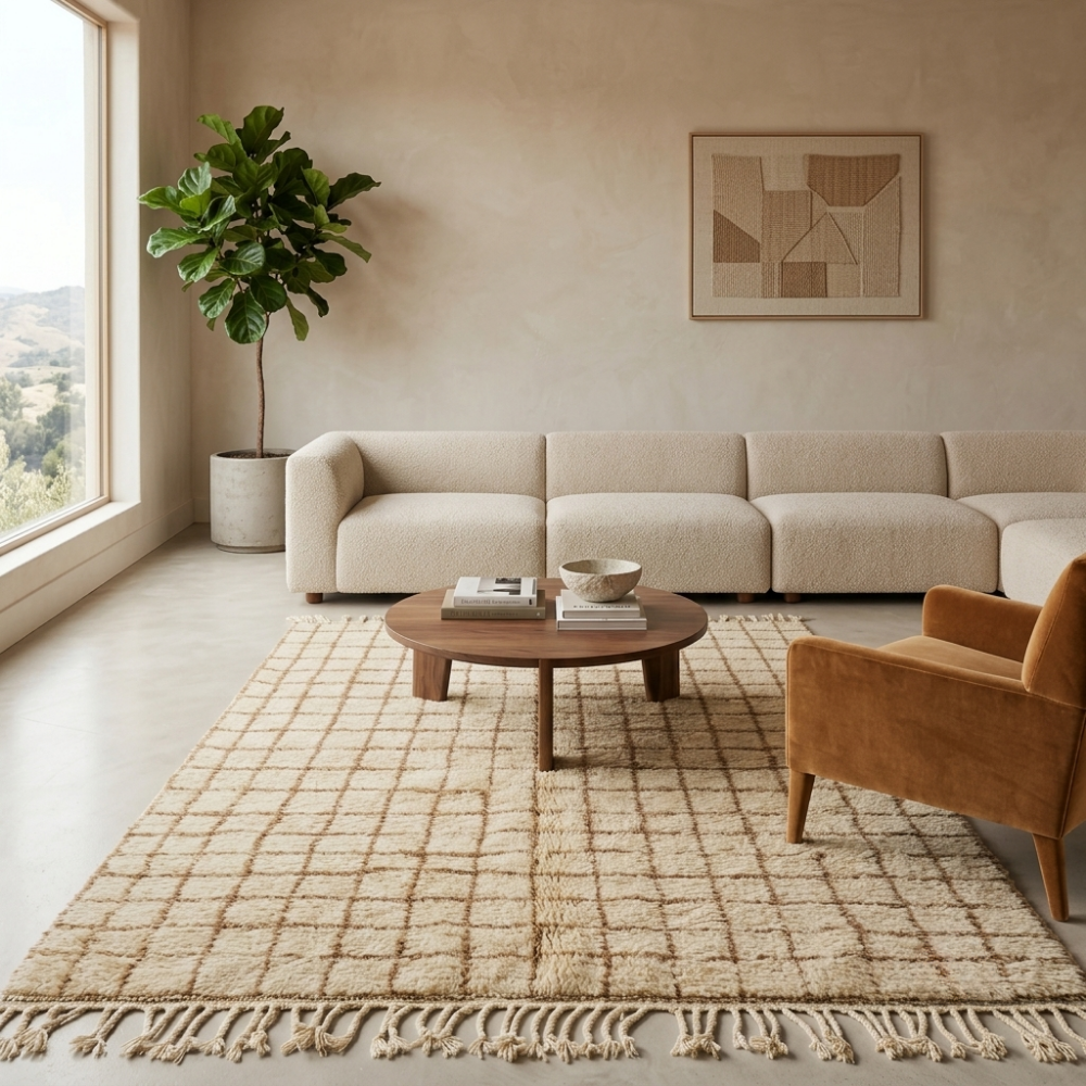 Soft gold check Beni Ourain rug in a warm modern living room