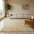Ivory and golden-beige check Beni Ourain rug in a bright contemporary room