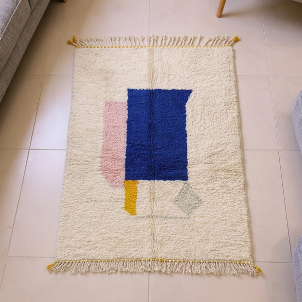 Beni Ourain Ivory Blue & Pink Colour Block Wool Rug