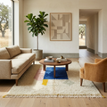 Minimal colour-block Beni Ourain rug in a modern living room