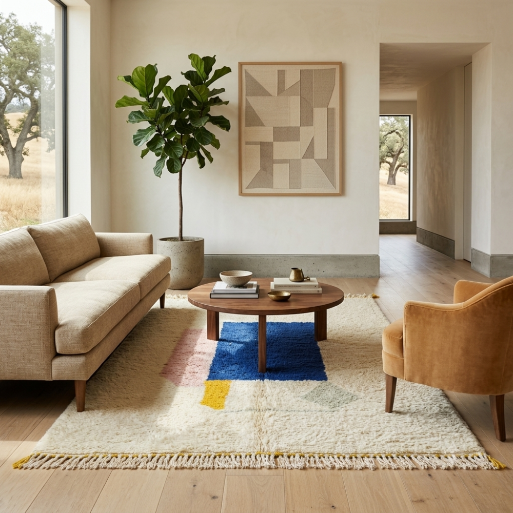 Minimal colour-block Beni Ourain rug in a modern living room