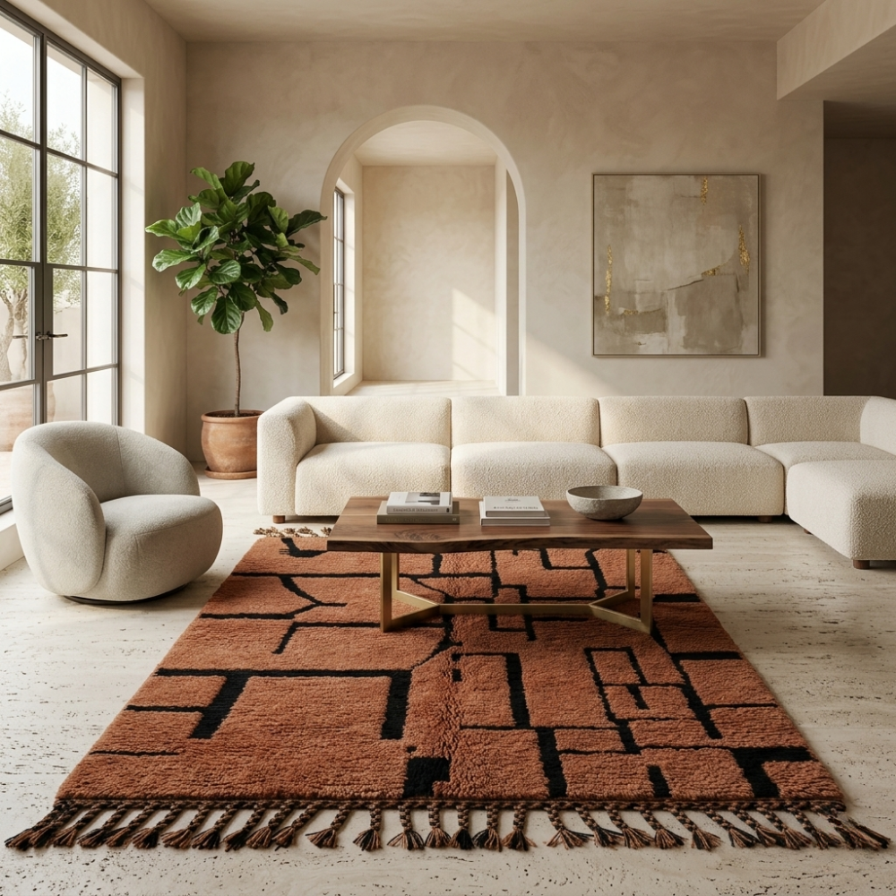 Brown and black maze Beni Ourain rug in a warm modern living room
