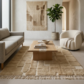 Beige and ivory block Beni Ourain rug in a warm modern living room