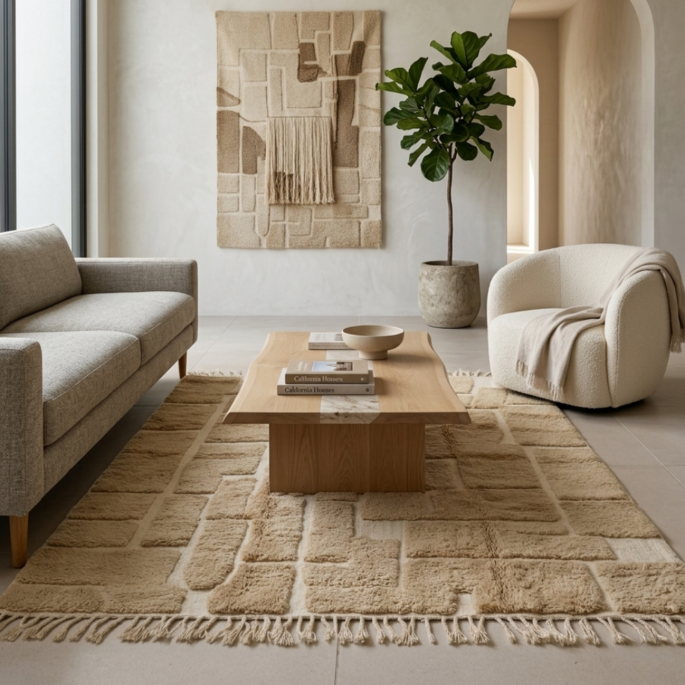 Beige and ivory block Beni Ourain rug in a warm modern living room