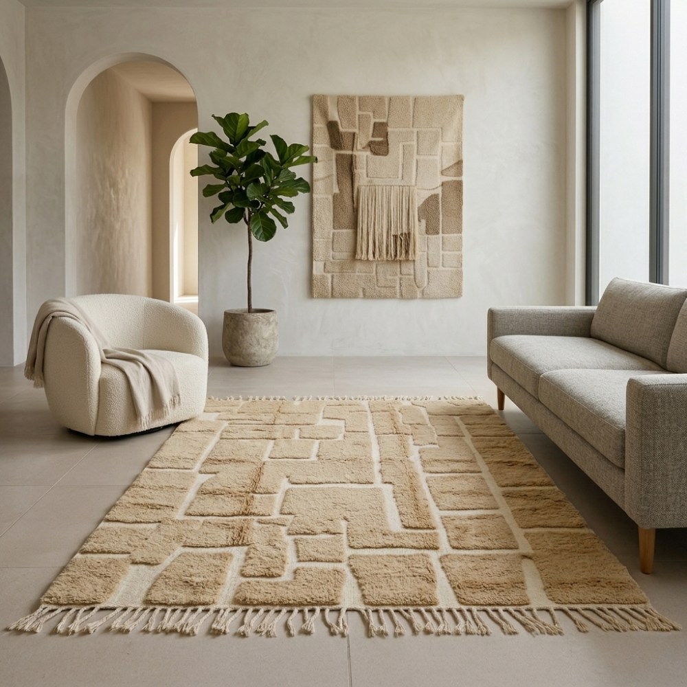 Tonal camel-beige Beni Ourain rug with abstract blocks in a contemporary room