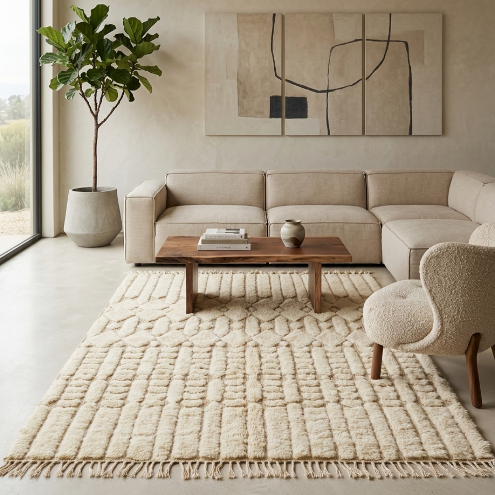 All-ivory textured tribal Beni Ourain rug in a calm modern living room