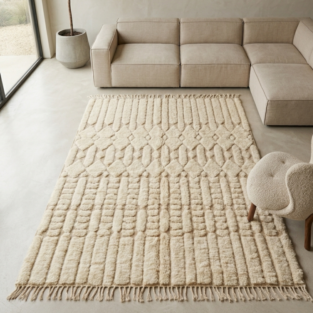 Tone-on-tone ivory Beni Ourain rug with carved Berber motifs in a serene bedroom
