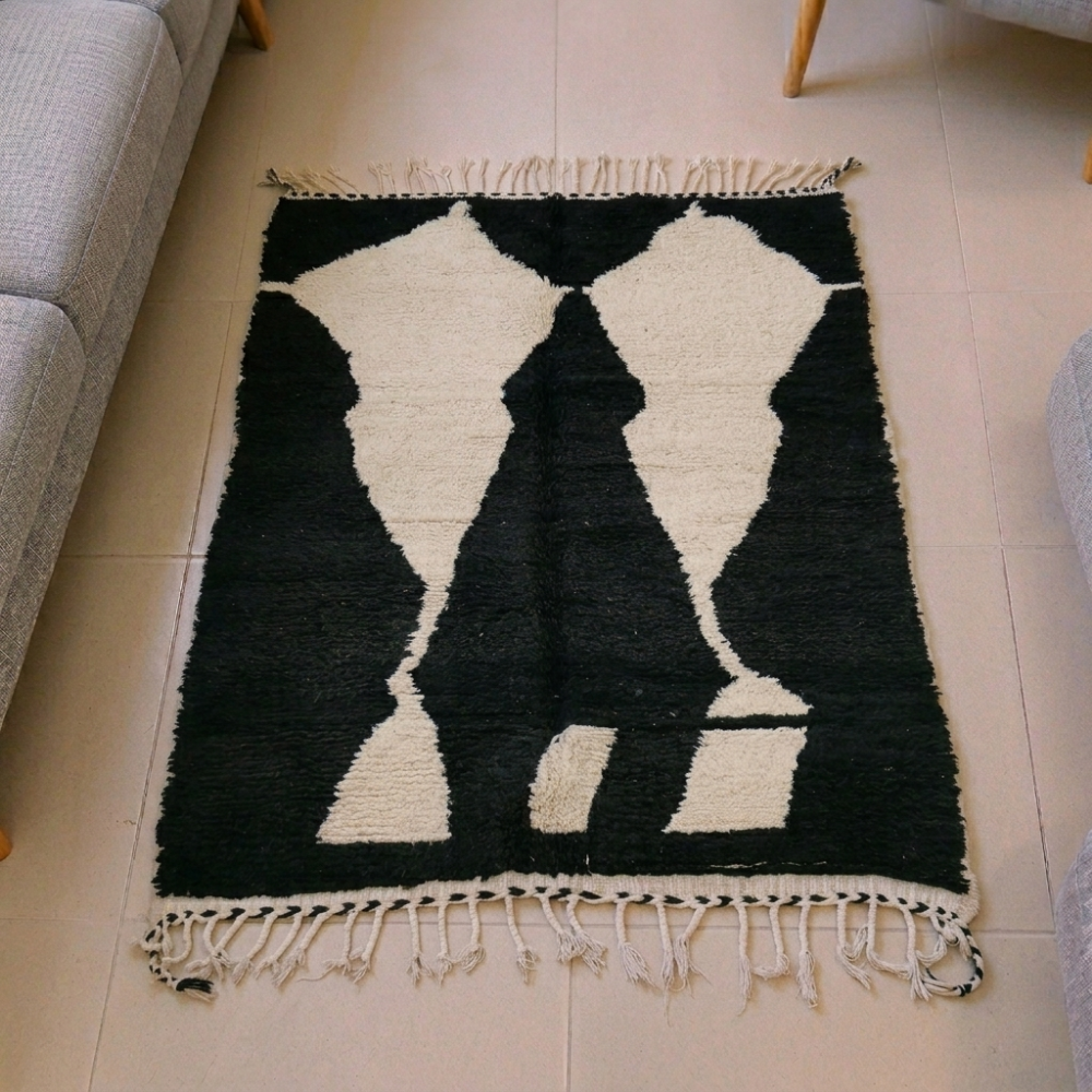Beni Ourain black and ivory abstract wool rug, shown flat