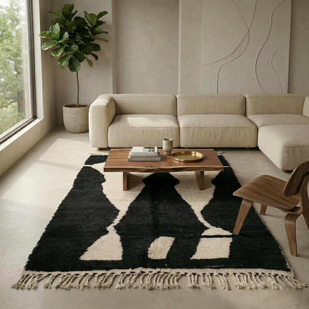 Bold black and ivory abstract Beni Ourain rug in a modern living room