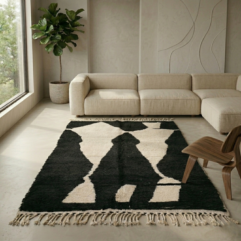 High-contrast black Beni Ourain rug with organic ivory shapes in a contemporary room