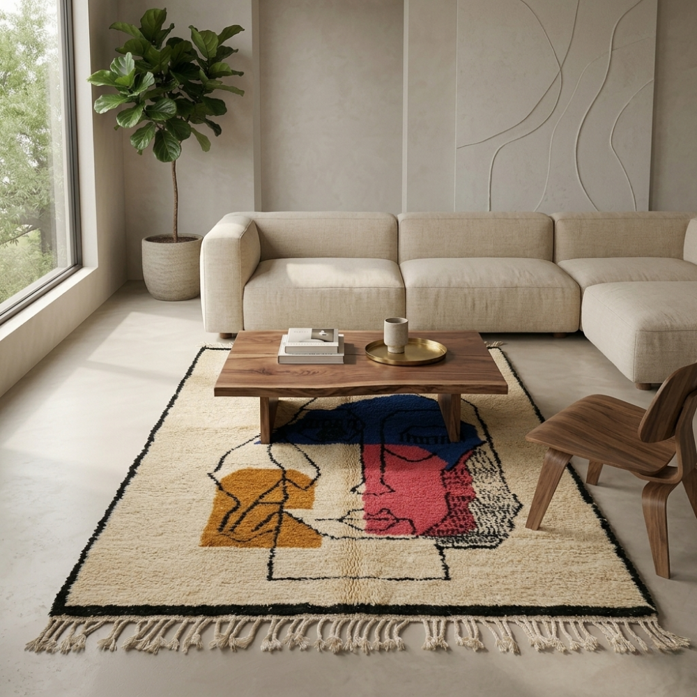 Abstract face Beni Ourain rug in a creative modern living room