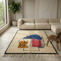 Picasso-style face Beni Ourain rug in a colourful contemporary room