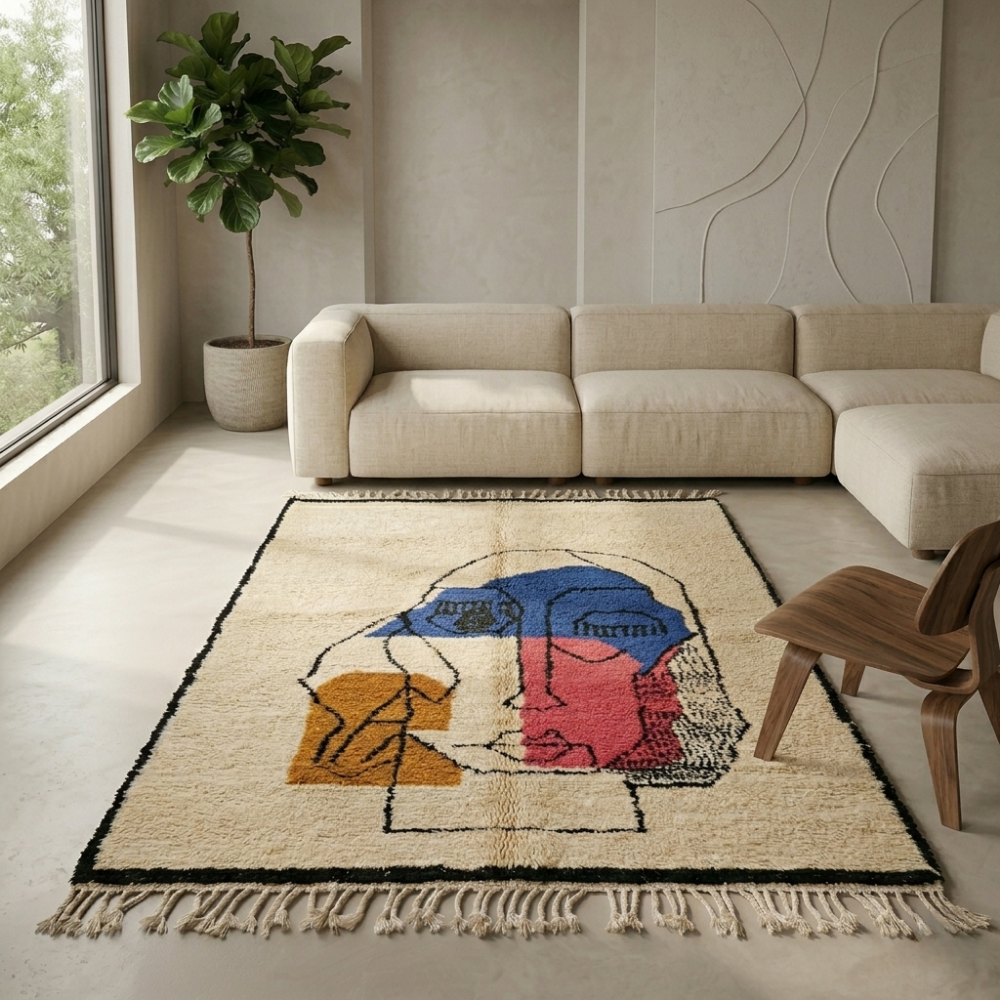 Picasso-style face Beni Ourain rug in a colourful contemporary room
