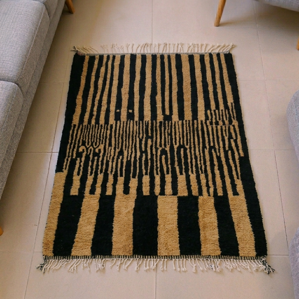 Beni Ourain black and tan vertical stripe wool rug, shown flat