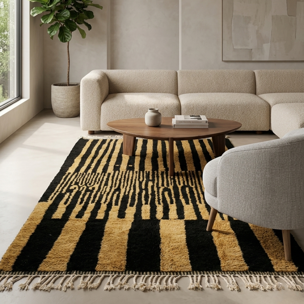 Black and tan vertical stripe Beni Ourain rug in a modern living room