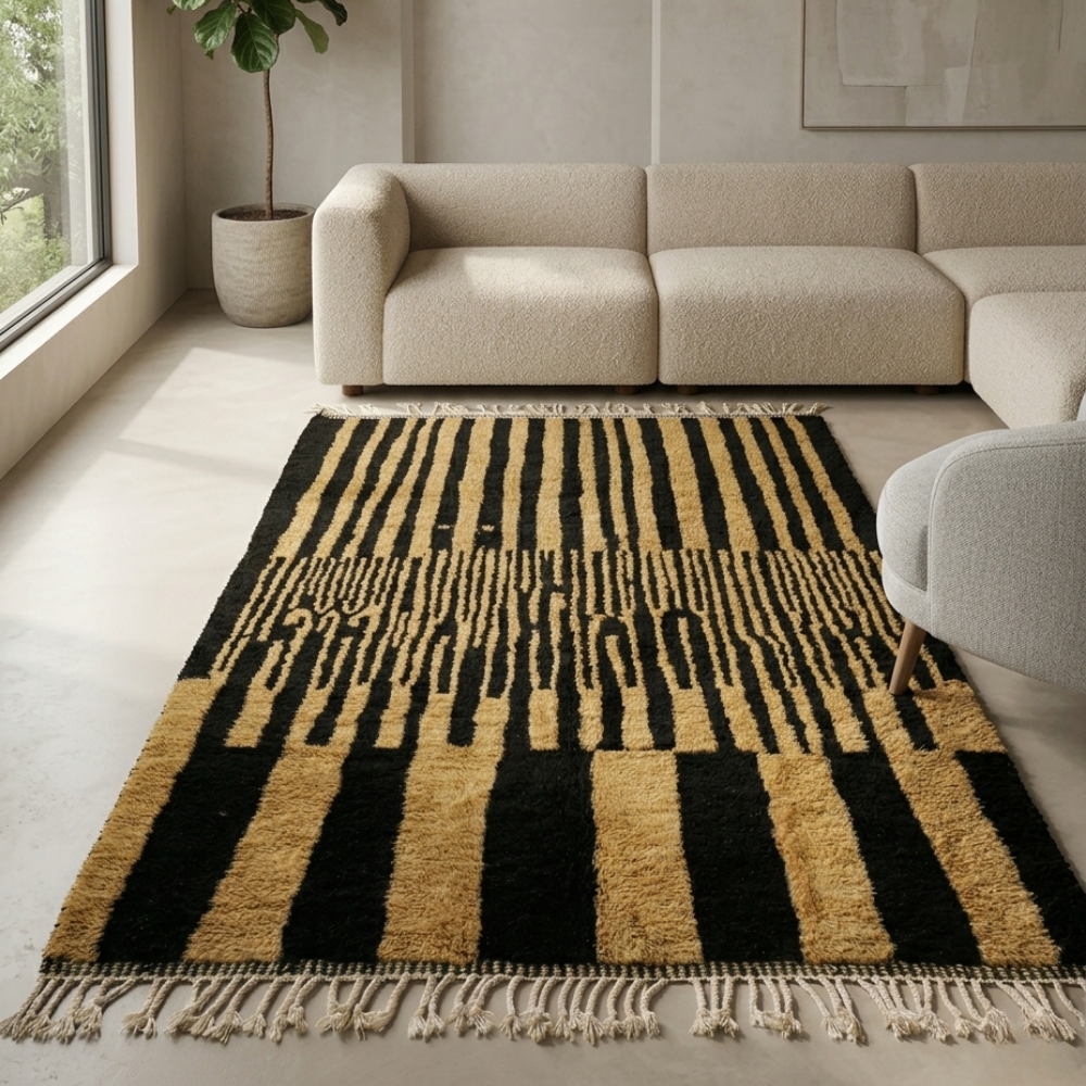 Bold black and tan striped Beni Ourain rug in a warm contemporary room