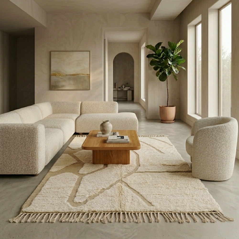 Tonal ivory and beige abstract line Beni Ourain rug in a calm modern living room