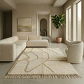 Soft beige abstract Beni Ourain rug in a serene contemporary bedroom
