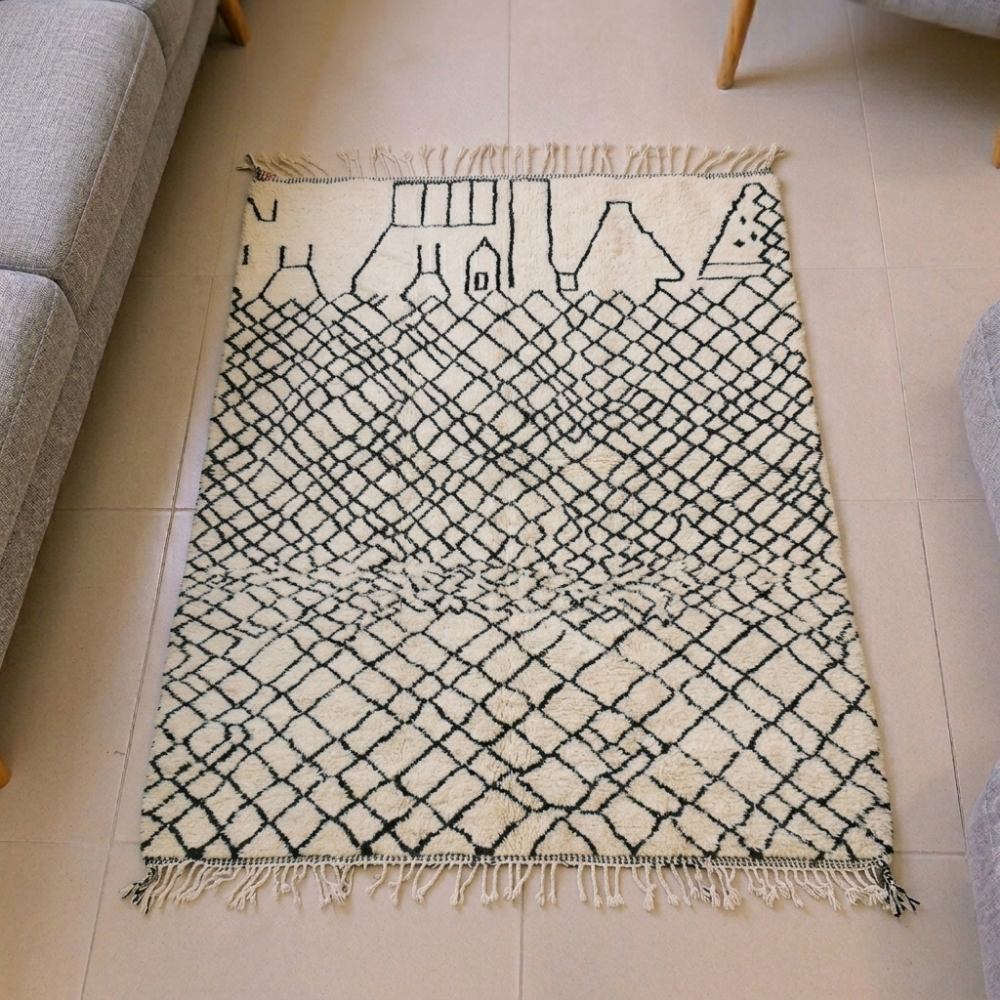Beni Ourain ivory and black diamond village wool rug, shown flat
