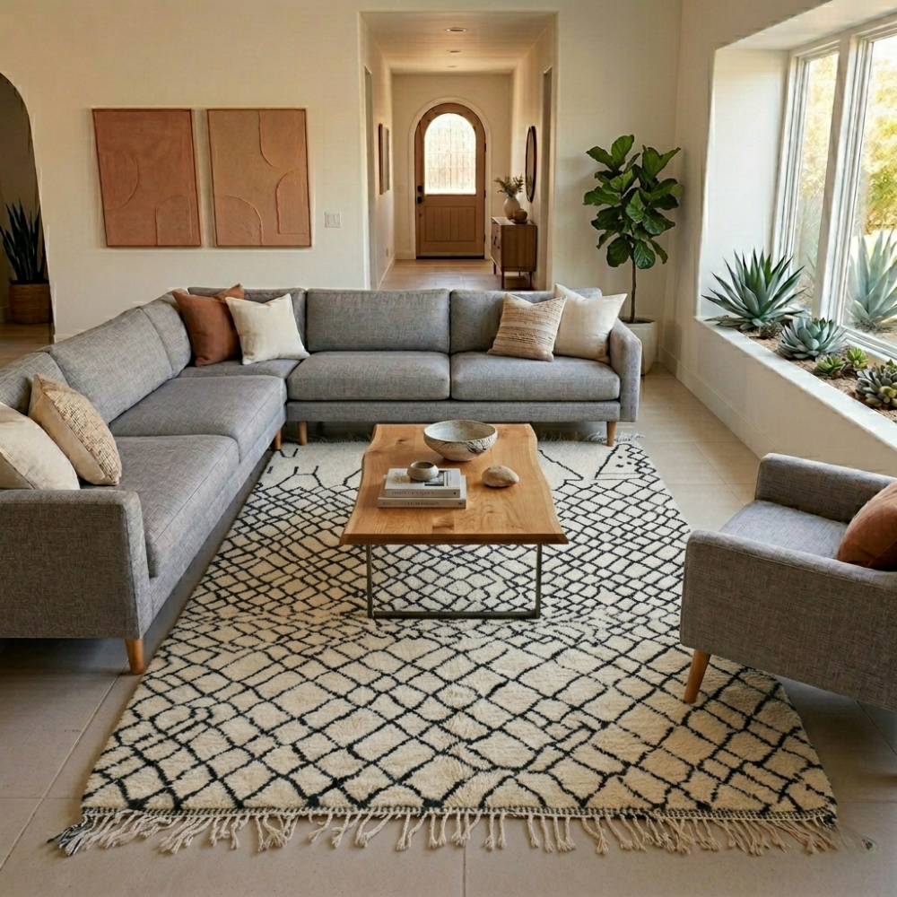 Black diamond lattice Beni Ourain rug with village motif in a modern living room