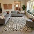 Ivory and black diamond Beni Ourain rug with little houses in a bright contemporary room