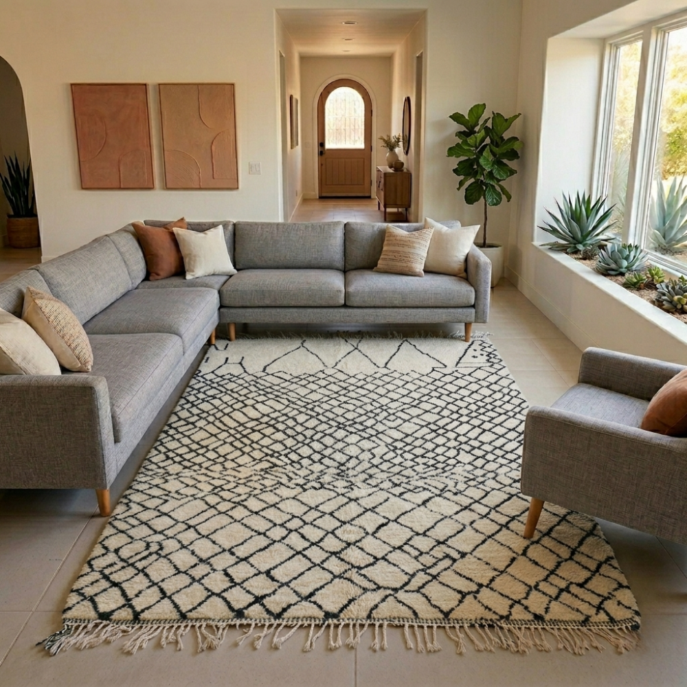 Ivory and black diamond Beni Ourain rug with little houses in a bright contemporary room