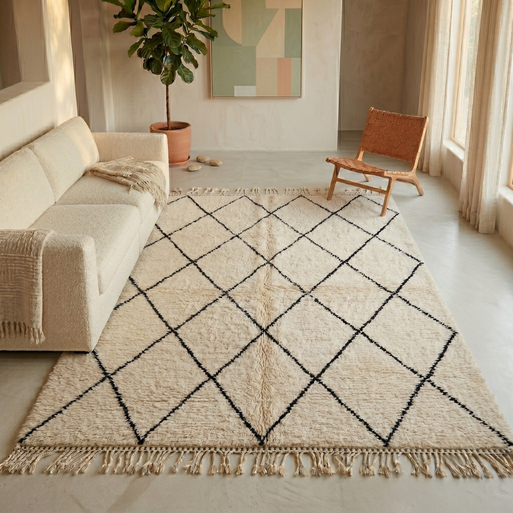 Ivory Diamond Mrirt Rug Detail — Berber Pattern Handwoven by Amazigh Artisans