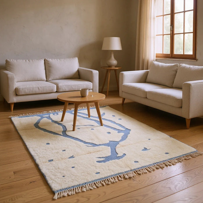 Mrirt Abstract Figure Plush Wool Rug Ivory & Slate Blue — room setting