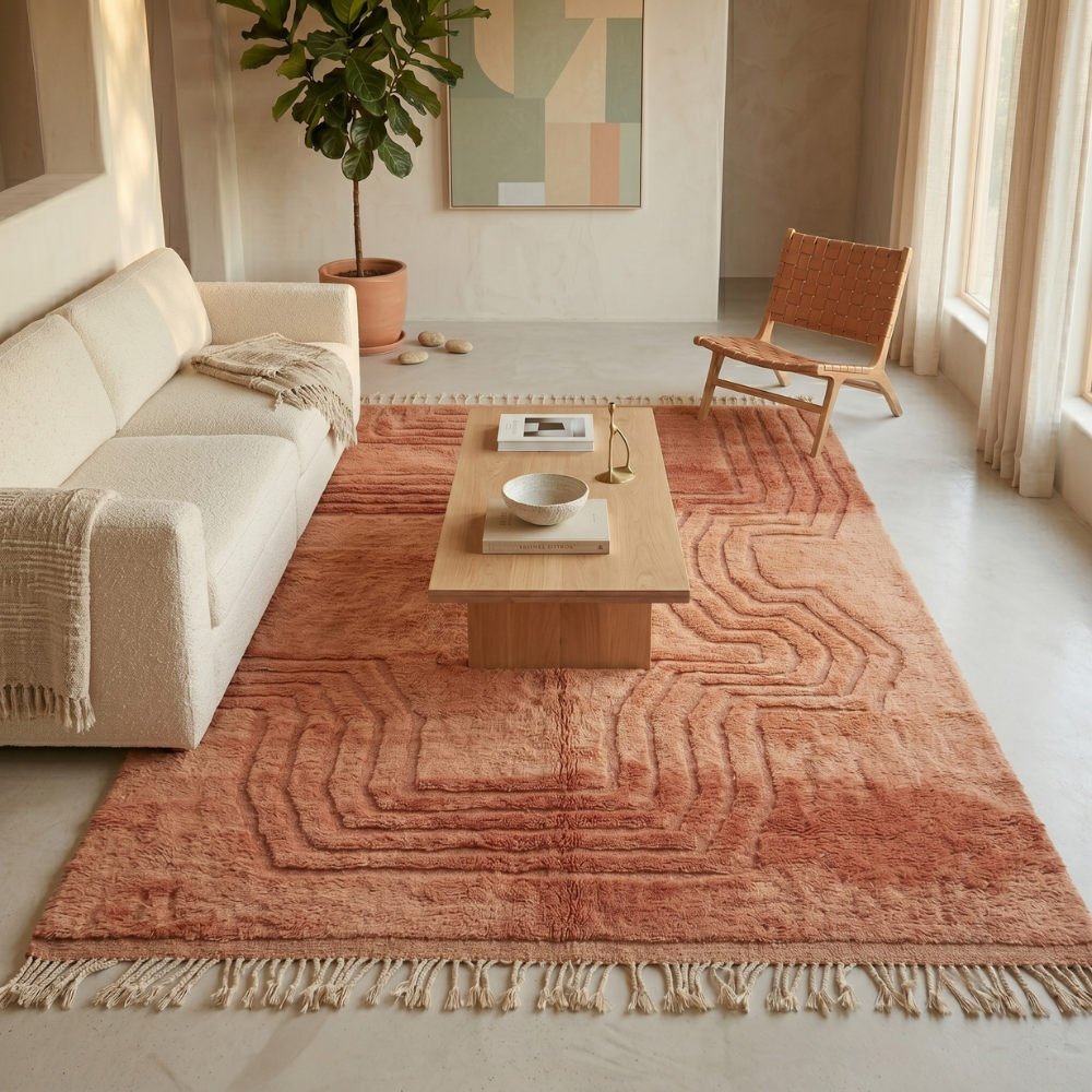 Terracotta Wave Mrirt Rug Detail — Carved Relief Handwoven by Amazigh Artisans