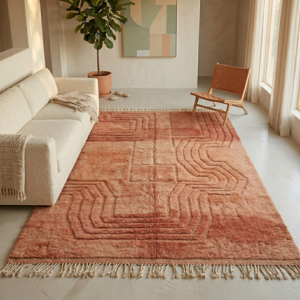 Terracotta Mrirt Rug Detail — Tonal Wave Texture Handwoven by Amazigh Artisans