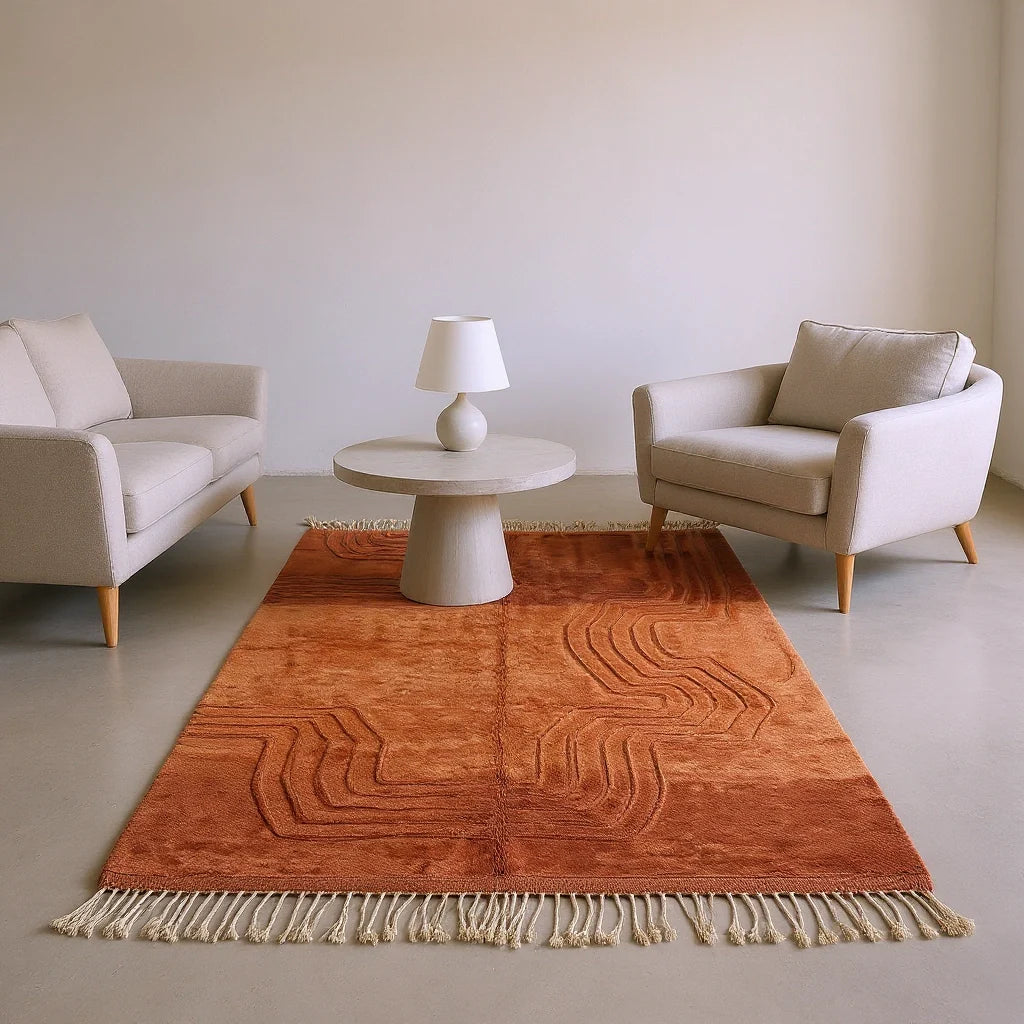 Mrirt Carved Terracotta Rug — room setting