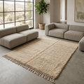 Ivory Mrirt high-pile wool rug styled in a neutral living room with grey sofas