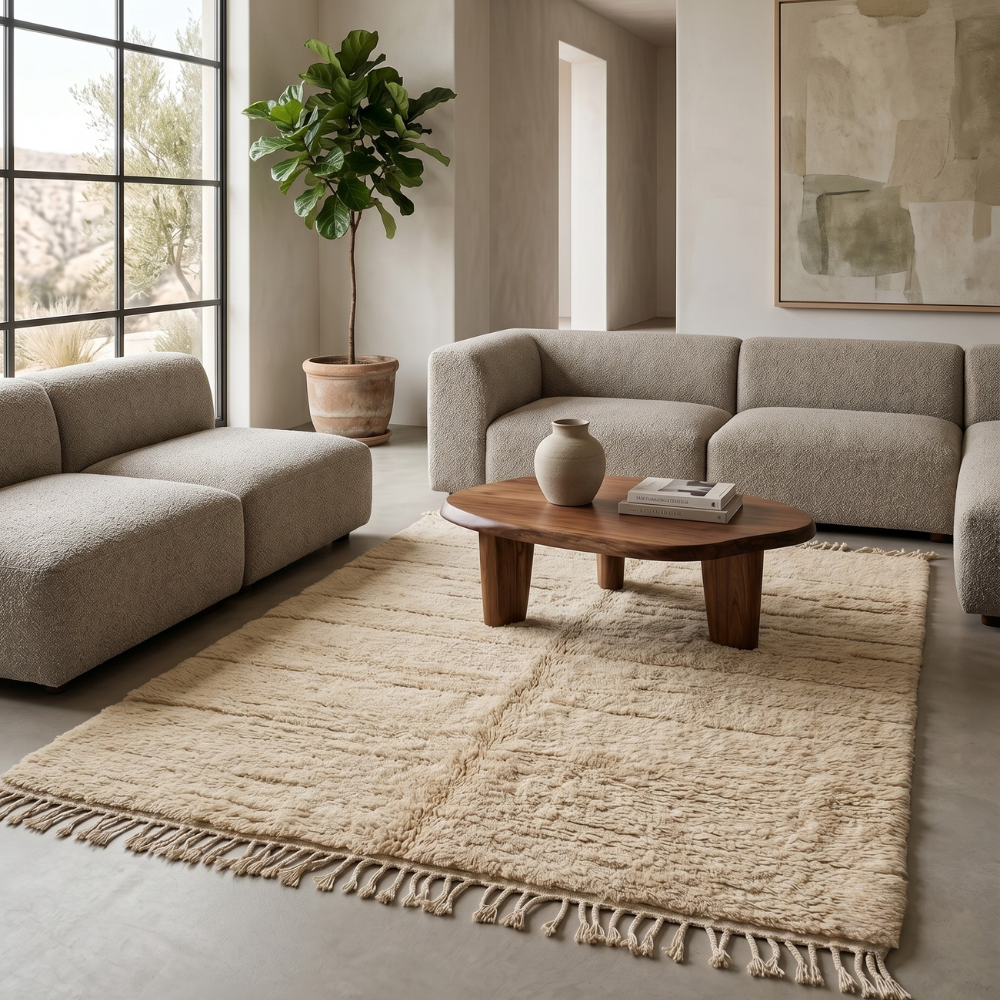 Plush ivory Moroccan Mrirt rug under a wooden coffee table in a bright living room