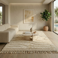 Ivory wave Mrirt high-pile rug styled in a warm neutral living room with cream sofa
