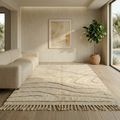 Sculptural ivory Moroccan Mrirt wave rug in a bright minimalist interior