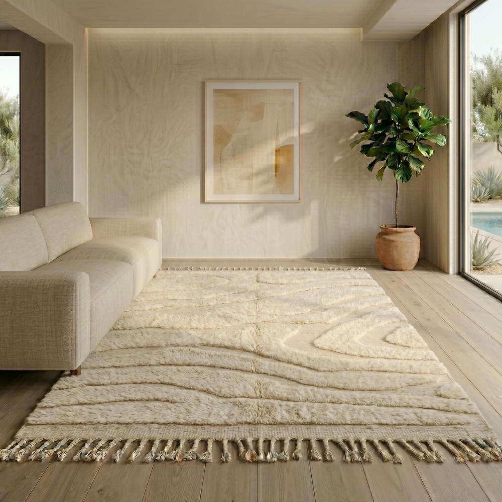 Sculptural ivory Moroccan Mrirt wave rug in a bright minimalist interior