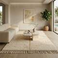 Pure ivory Mrirt shag rug styled in a bright neutral living room