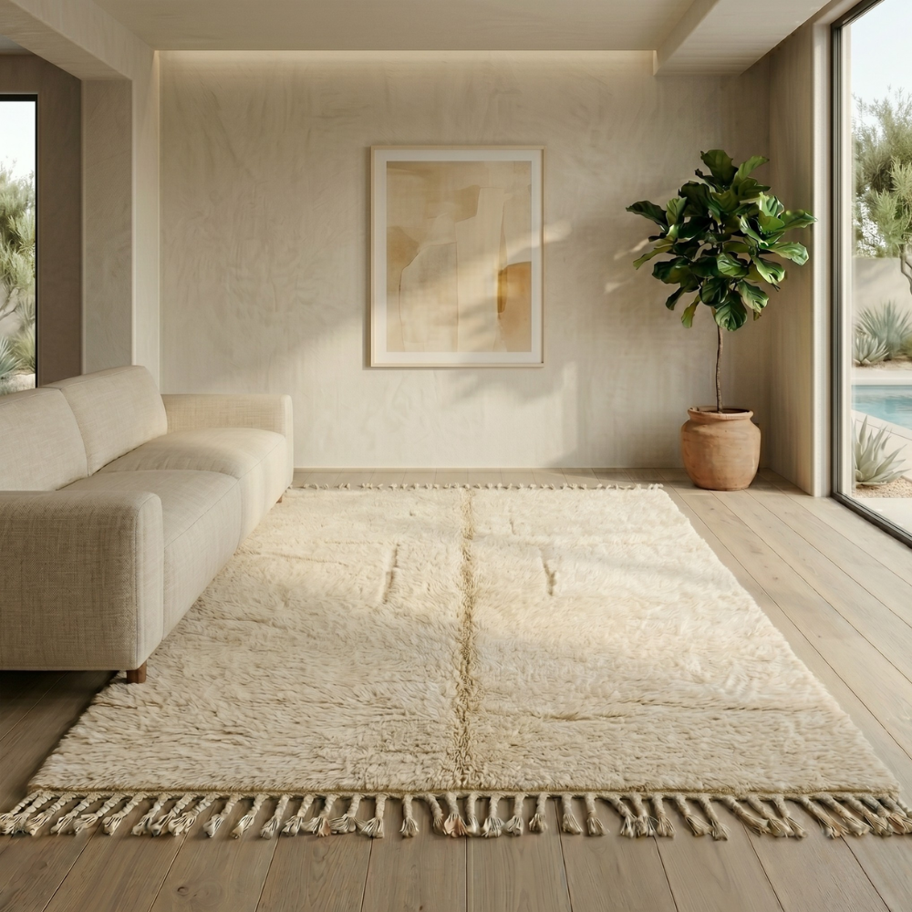 Plush cream Moroccan Mrirt shag rug in a minimalist sunlit interior