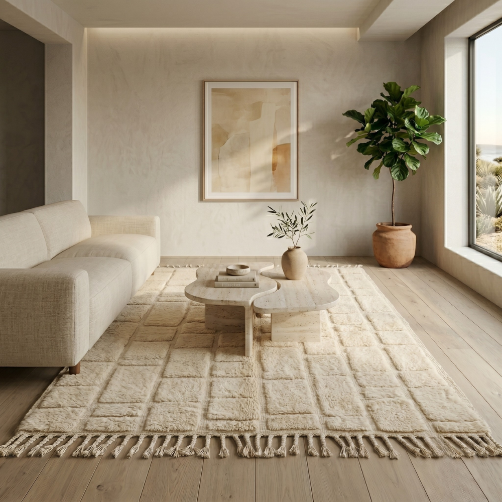 Ivory carved-grid Mrirt high-pile rug styled in a bright neutral living room