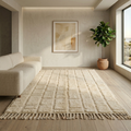 Plush ivory Moroccan Mrirt grid rug in a minimalist sunlit interior