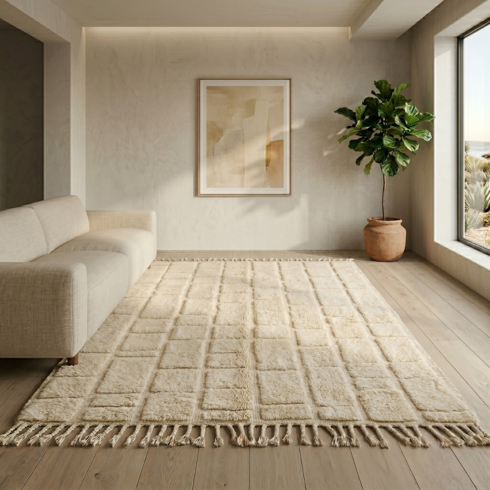 Plush ivory Moroccan Mrirt grid rug in a minimalist sunlit interior