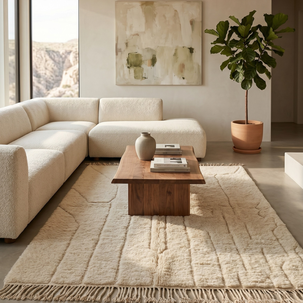 Ivory Mrirt high-pile wool rug styled in a warm neutral living room with cream sofa
