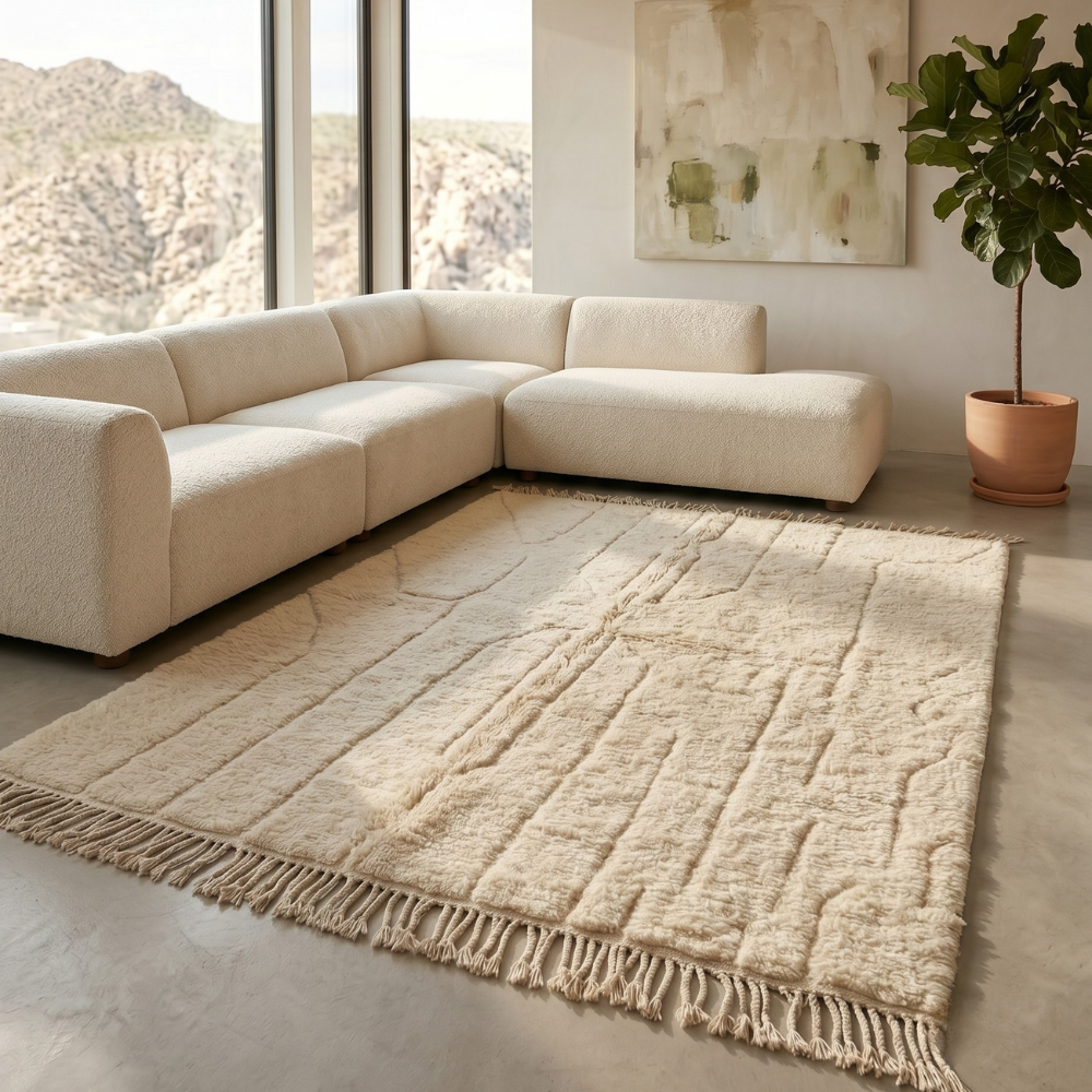 Plush ivory Moroccan Mrirt rug with subtle linework in a bright minimalist interior