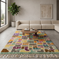 Colorful Mrirt abstract patchwork rug styled in a bright living room with beige sofa