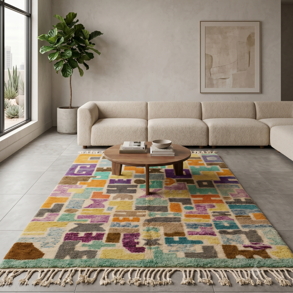 Colorful Mrirt abstract patchwork rug styled in a bright living room with beige sofa