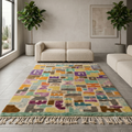 Vibrant Moroccan Mrirt patchwork rug under a round coffee table in a sunlit room