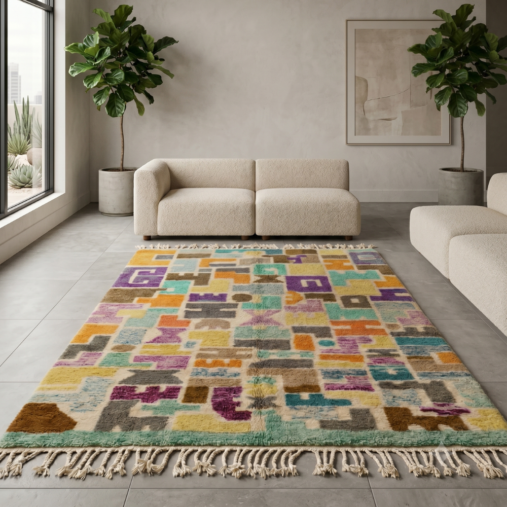 Vibrant Moroccan Mrirt patchwork rug under a round coffee table in a sunlit room