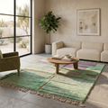 Green and lavender Mrirt rug styled in a bright living room with neutral sofa