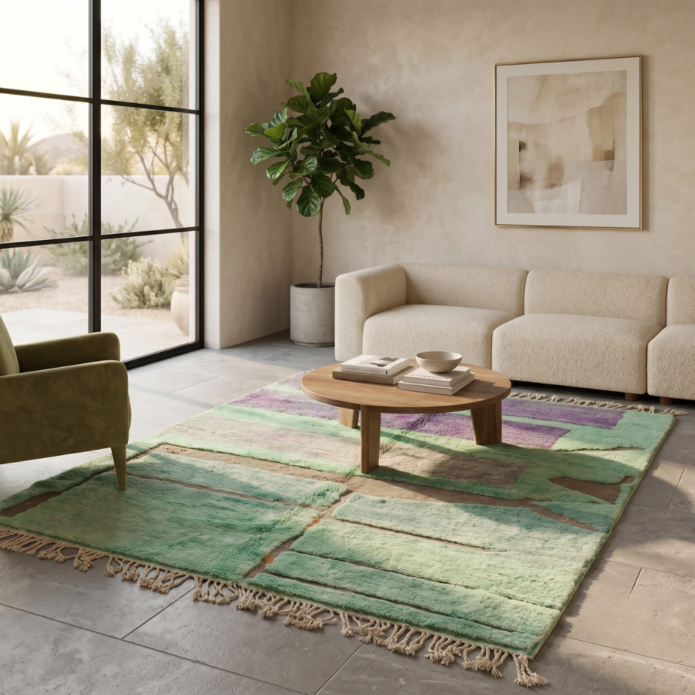 Green and lavender Mrirt rug styled in a bright living room with neutral sofa
